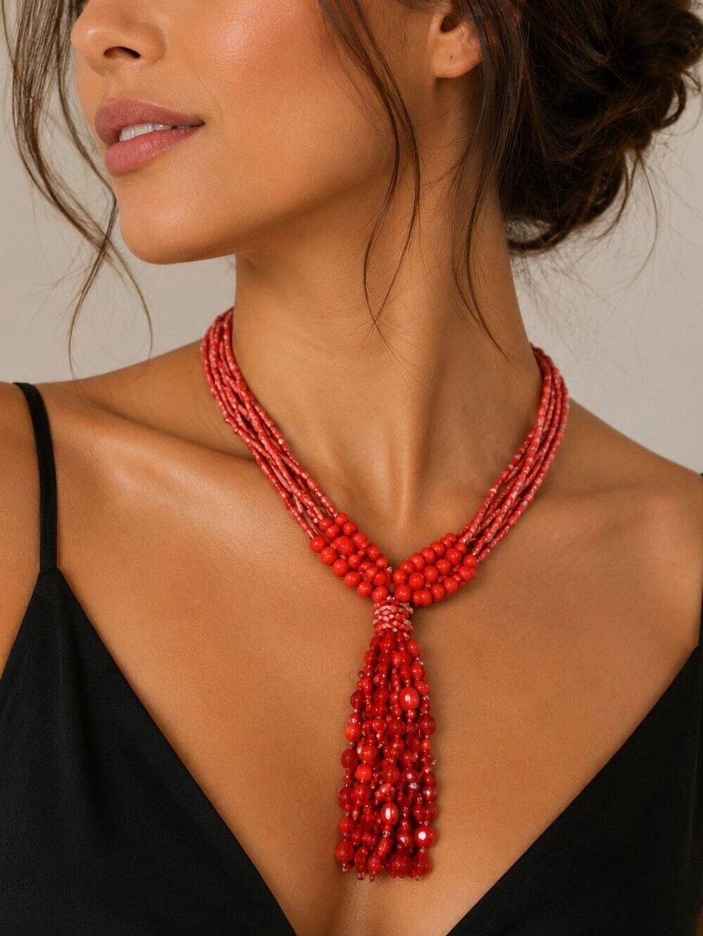3/$30 NU FREEDOM Coral Red Multi-strand Torsade Glass Beaded Holiday Necklace